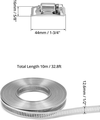 مجموعة مشابك أنابيب معدنية كبيرة من QWORK - حزام من الفولاذ المقاوم للصدأ 304، حزام بطول 32.8 قدم مع 24 مشبك أقوى للتركيب الآمن، مقاوم للتآكل، مقاوم للماء، مع تصميم حافة ناعمة in Kuwait