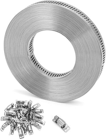 مجموعة مشابك أنابيب معدنية كبيرة من QWORK - حزام من الفولاذ المقاوم للصدأ 304، حزام بطول 32.8 قدم مع 24 مشبك أقوى للتركيب الآمن، مقاوم للتآكل، مقاوم للماء، مع تصميم حافة ناعمة in Kuwait