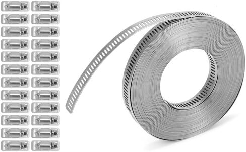 مجموعة مشابك أنابيب معدنية كبيرة من QWORK - حزام من الفولاذ المقاوم للصدأ 304، حزام بطول 32.8 قدم مع 24 مشبك أقوى للتركيب الآمن، مقاوم للتآكل، مقاوم للماء، مع تصميم حافة ناعمة in Kuwait