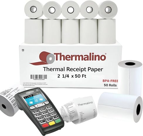 (50 لفة) 2 1/4 × 50 'BPA ، استلام الورق الحراري ، قوائم استلام الورق الحراري Clover Flex POS Cash Record Paper لمحطات بطاقات الائتمان ، Mini ، 57 ملم in Kuwait