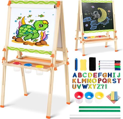 Wooden Adjustable Easel for Kids,Quick-Fold Kids Easel with Paper Roll&Accessories, Double Sided Painting Easels for Toddlers 3,4,5,6,7,8,9,10 Years,Perfect Painting Gifts&Supplies for Boys&Girls in Kuwait