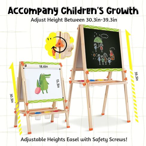 Wooden Adjustable Easel for Kids,Quick-Fold Kids Easel with Paper Roll&Accessories, Double Sided Painting Easels for Toddlers 3,4,5,6,7,8,9,10 Years,Perfect Painting Gifts&Supplies for Boys&Girls in Kuwait