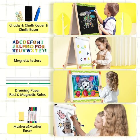 Wooden Adjustable Easel for Kids,Quick-Fold Kids Easel with Paper Roll&Accessories, Double Sided Painting Easels for Toddlers 3,4,5,6,7,8,9,10 Years,Perfect Painting Gifts&Supplies for Boys&Girls in Kuwait