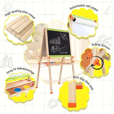 Wooden Adjustable Easel for Kids,Quick-Fold Kids Easel with Paper Roll&Accessories, Double Sided Painting Easels for Toddlers 3,4,5,6,7,8,9,10 Years,Perfect Painting Gifts&Supplies for Boys&Girls in Kuwait