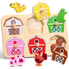 Wooden Puzzles for Toddlers 1-3, Montessori Toys for 1 2 Year Old Boy Girl Birthday Easter Gifts, Dinosaur Match Farm Peg Puzzles, Preschool Learning Toys for Toddlers Age 1-2 in Kuwait