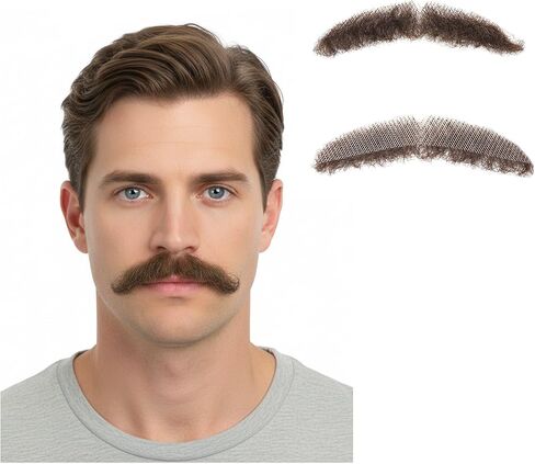 Realistic Human Hair Mustache & Beard for Men, Thick Fake Beard with Invisible Lace, Fake Mustache Ideal for Cosplay, Halloween Costumes, and Themed Parties (Brown) in Kuwait
