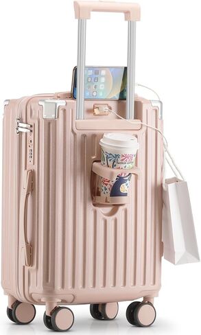 20in carry on luggage with 360° Spinner Wheel airline approved TSA lock luggage case with Cup Holder USB Port travel suitcases with wheels lightweight PC Material (Blue) in Kuwait