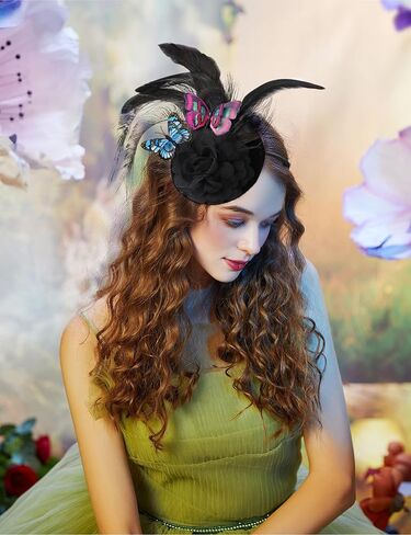 Coucoland Fascinators Hat for Women Pillbox Tea Party Hat Derby Butterfly Feather Cocktail Fascinator Headband (Dark Green) in Kuwait