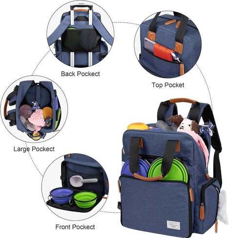 Modoker Dog Travel Bag, Airline Approved Backpack for Pet Accessories Organizer, Tote Weekend Bag with 2 Dog Food Storage Containers, 2 Collapsible Dog Bowls, 1 Pet Mat, Black in Kuwait