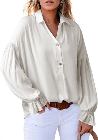 Astylish Women's Casual Blouses Business Linen Tops Cute Puff Sleeve V Neck Button-Down Henley Shirts 2025 Fall Outfits in Saudi Arabia