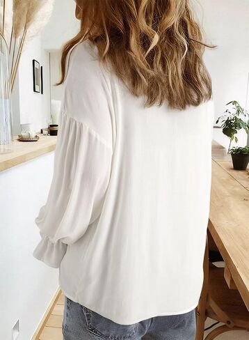 Astylish Women's Casual Blouses Business Linen Tops Cute Puff Sleeve V Neck Button-Down Henley Shirts 2025 Fall Outfits in Saudi Arabia