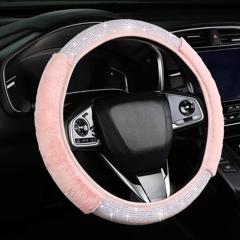 Bling Steering Wheel Cover Black Steering Wheel Accessories, Fluffy Diamond Sparkling Fur Steering Wheel Protector for Women Girls Elastic Steering Wheel Covers Winter Warm Universal Fit 14-15 inch in Saudi Arabia