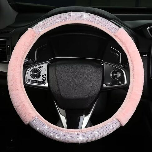 Bling Steering Wheel Cover Black Steering Wheel Accessories, Fluffy Diamond Sparkling Fur Steering Wheel Protector for Women Girls Elastic Steering Wheel Covers Winter Warm Universal Fit 14-15 inch in Saudi Arabia