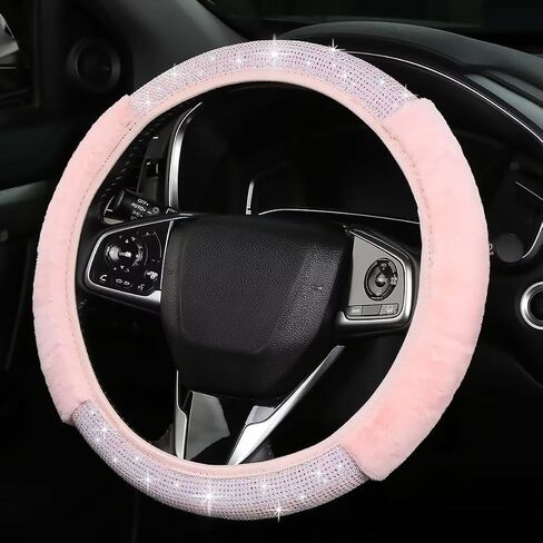 Bling Steering Wheel Cover Black Steering Wheel Accessories, Fluffy Diamond Sparkling Fur Steering Wheel Protector for Women Girls Elastic Steering Wheel Covers Winter Warm Universal Fit 14-15 inch in Saudi Arabia