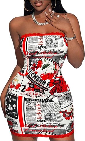 Wdirara Women's Newspaper Butterfly Print Tube Dress Dress Bodycon Mini Dresses in Kuwait