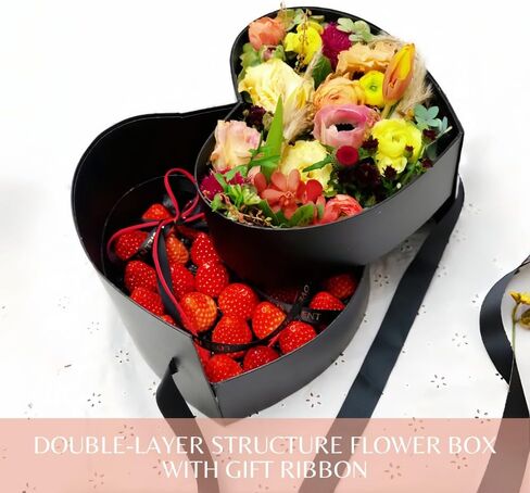 BBJ WRAPS Luxury Heart Shaped Flower Boxes with Lids Florist Double Layer Gift Paper Mache Boxes for Arrangements-9"(L) x 8"(W) x 6.5"(H) (Black) in Kuwait