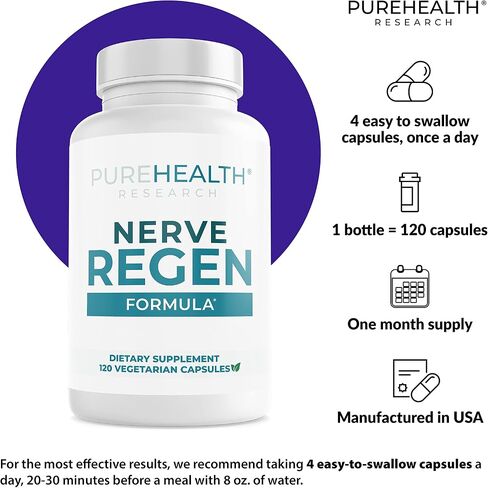 PUREHEALTH RESEARCH Nerve Regen Formula - with Alpha Lipoic Acid (ALA), Acetyl-L-Carnitine (ALC), Benfotiamine - Nerve Support Supplement for Healthy Circulation, Hands, Feet & Toes - 60 Capsules in Saudi Arabia