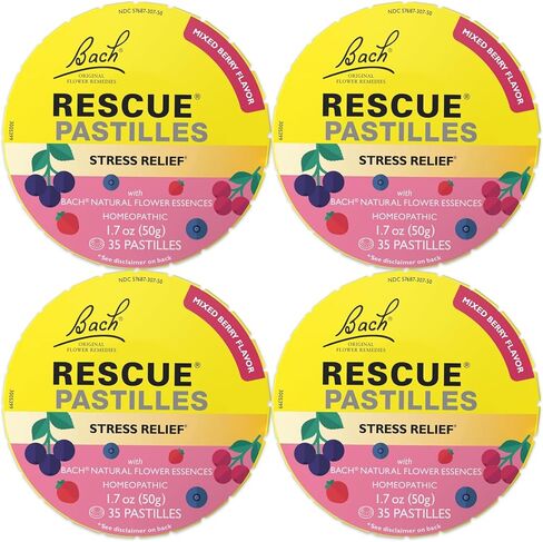 Bach RESCUE PASTILLES, Variety Flavor: Mixed Berry, Orange-Elderflower, Black Currant and Cranberry, Lozenges, Homeopathic, Flower Essences, 4 Pack in Kuwait