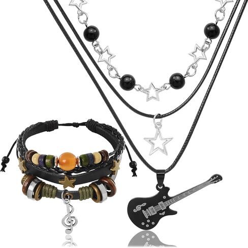 Multilayer Y2k Star Necklace Fairy Grunge Bracelets Set Handmade Fairycore Grunge Jewelry Gothic Swirl Star Necklace Punk Rock Roll Music Guitar Grunge Accessories for Women Men in Kuwait