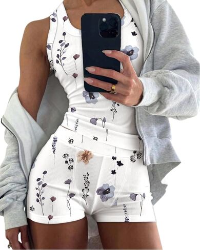Chicme Womens Pajama مجموعات دبابة بلا أكمام غير أكيمة وسروال شورت مضلعة متماسكة 2 قطعة قطعة in Kuwait