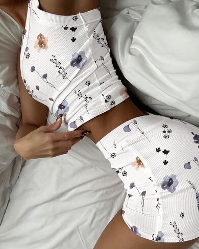 Chicme Womens Pajama مجموعات دبابة بلا أكمام غير أكيمة وسروال شورت مضلعة متماسكة 2 قطعة قطعة in Kuwait