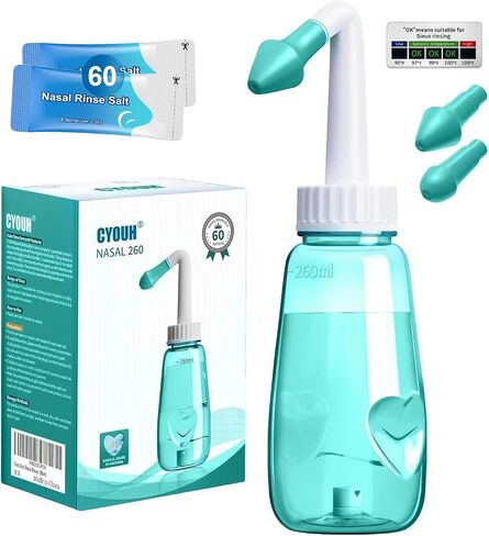Neti Pot Sinus Rinse Bottle Nose Wash Cleaner Pressure Rinse Nasal Irrigation for Adult & Kid BPA Free 260 ML with 60 Nasal Wash Salt Packets and Sticker Thermometer(Blue) in Saudi Arabia