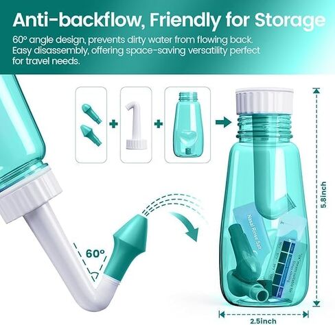 Neti Pot Sinus Rinse Bottle Nose Wash Cleaner Pressure Rinse Nasal Irrigation for Adult & Kid BPA Free 260 ML with 60 Nasal Wash Salt Packets and Sticker Thermometer(Blue) in Saudi Arabia