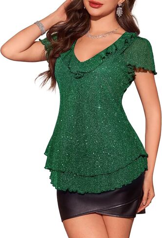 Berylove Women's Sparkly Sequin Tops Short Sleeve Glitter Disual Summer V-neck Shulk Top in Kuwait