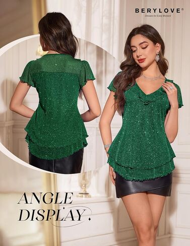 Berylove Women's Sparkly Sequin Tops Short Sleeve Glitter Disual Summer V-neck Shulk Top in Kuwait