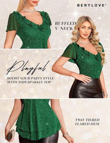 Berylove Women's Sparkly Sequin Tops Short Sleeve Glitter Disual Summer V-neck Shulk Top in Kuwait