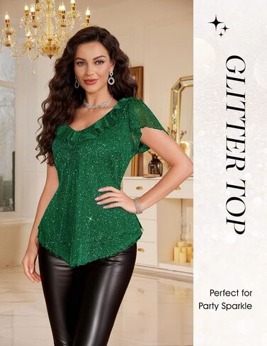 Berylove Women's Sparkly Sequin Tops Short Sleeve Glitter Disual Summer V-neck Shulk Top in Kuwait