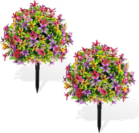 Artificial Eucalyptus Topiary Ball Trees with Flowers for Outdoor with Ground Spike 24", UV Resistant Faux Shrubs, Morning Glory Fake Plants for Indoor & Garden, Yard, Porch, Patio Decor in Saudi Arabia