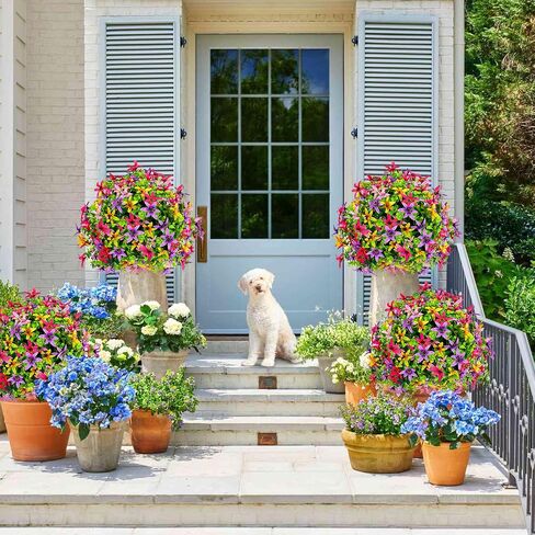 Artificial Eucalyptus Topiary Ball Trees with Flowers for Outdoor with Ground Spike 24", UV Resistant Faux Shrubs, Morning Glory Fake Plants for Indoor & Garden, Yard, Porch, Patio Decor in Saudi Arabia
