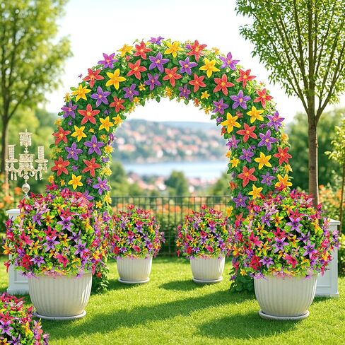 Artificial Eucalyptus Topiary Ball Trees with Flowers for Outdoor with Ground Spike 24", UV Resistant Faux Shrubs, Morning Glory Fake Plants for Indoor & Garden, Yard, Porch, Patio Decor in Saudi Arabia