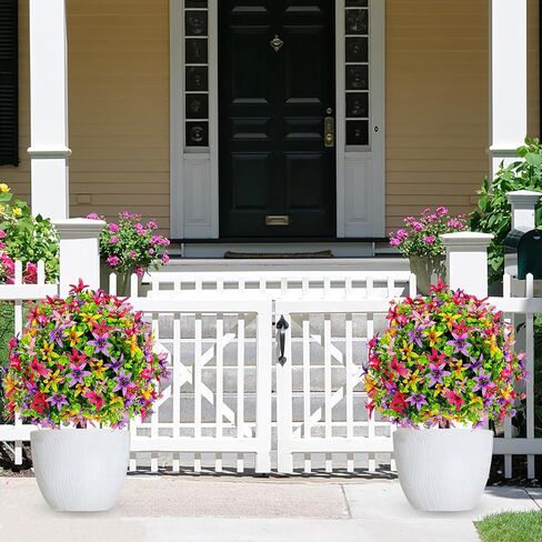 Artificial Eucalyptus Topiary Ball Trees with Flowers for Outdoor with Ground Spike 24", UV Resistant Faux Shrubs, Morning Glory Fake Plants for Indoor & Garden, Yard, Porch, Patio Decor in Saudi Arabia