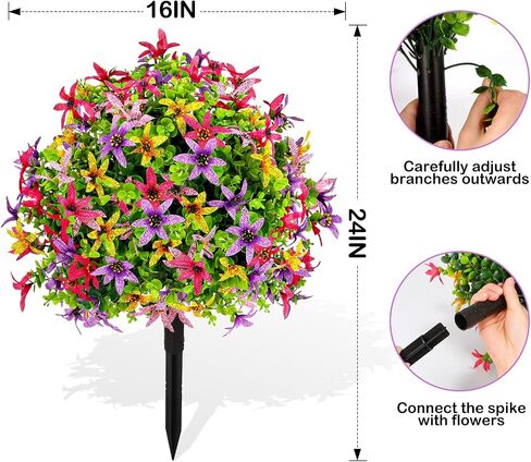 Artificial Eucalyptus Topiary Ball Trees with Flowers for Outdoor with Ground Spike 24", UV Resistant Faux Shrubs, Morning Glory Fake Plants for Indoor & Garden, Yard, Porch, Patio Decor in Saudi Arabia
