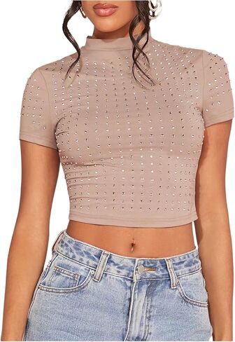 WDIRARA Women's Y2k Rhinestone Crop Tops Mock Neck Short Sleeve Slim Fit Tee Shirt in Saudi Arabia