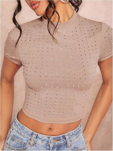 WDIRARA Women's Y2k Rhinestone Crop Tops Mock Neck Short Sleeve Slim Fit Tee Shirt in Saudi Arabia