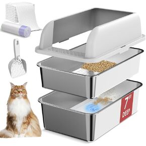 23.5''x15.7''x6'' Enclosed Stainless Steel Litter Box with Lid, XL Sifting Litter Box for Pine Pellets, High Sides Metal Litter Box System for for Big Cats, Anti-Leakage, Easy Cleaning, Less Tracking in Kuwait