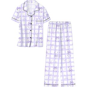 Umeyda Girls Pajamas Set Button Down Notch Collar Soft Short Sleeve Pjs Set with Long Pant Set Lounge Set in Saudi Arabia