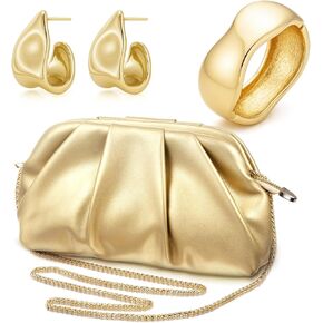 3 Pcs Gold Clutch Purse Jewelry Set for Women Evening Handbag Gold Cuff Bracelet Oval Teardrop Hoop Earrings for Women Evening Prom Party Wedding Dating Gift in Kuwait