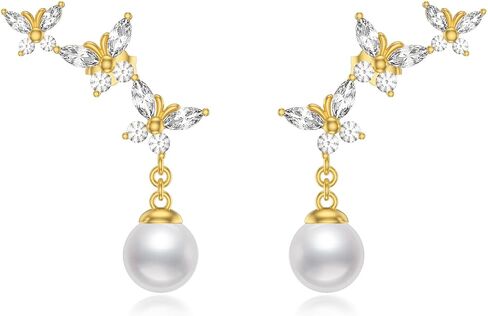 LONAGO Butterfly Pearl Earrings Stud for Women 925 Sterling Silver Butterfly Dangle Earrings White Pearl Stud Jewelry Gifts for Wife Girlfriend Butterflies Lovers in Saudi Arabia