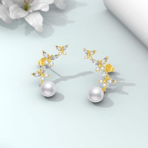 LONAGO Butterfly Pearl Earrings Stud for Women 925 Sterling Silver Butterfly Dangle Earrings White Pearl Stud Jewelry Gifts for Wife Girlfriend Butterflies Lovers in Saudi Arabia