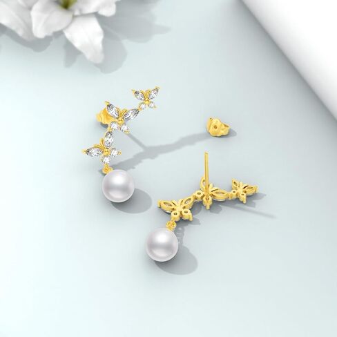 LONAGO Butterfly Pearl Earrings Stud for Women 925 Sterling Silver Butterfly Dangle Earrings White Pearl Stud Jewelry Gifts for Wife Girlfriend Butterflies Lovers in Saudi Arabia