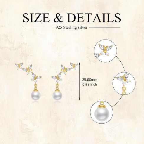 LONAGO Butterfly Pearl Earrings Stud for Women 925 Sterling Silver Butterfly Dangle Earrings White Pearl Stud Jewelry Gifts for Wife Girlfriend Butterflies Lovers in Saudi Arabia