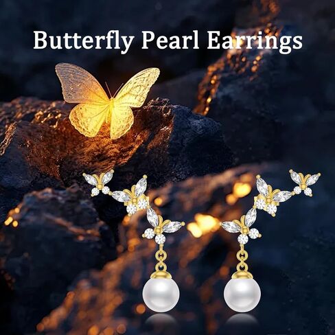 LONAGO Butterfly Pearl Earrings Stud for Women 925 Sterling Silver Butterfly Dangle Earrings White Pearl Stud Jewelry Gifts for Wife Girlfriend Butterflies Lovers in Saudi Arabia