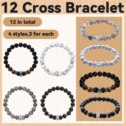 12 Sets Father's Day Gift Bulk Cross Beads Bracelet for Men Dad Husband Son Brother Boyfriend WWJD Jesus Crucifix String Bracelet Christian Religious Gift for Baptism Communion Birthday in Kuwait