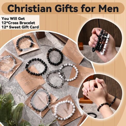 12 Sets Father's Day Gift Bulk Cross Beads Bracelet for Men Dad Husband Son Brother Boyfriend WWJD Jesus Crucifix String Bracelet Christian Religious Gift for Baptism Communion Birthday in Kuwait