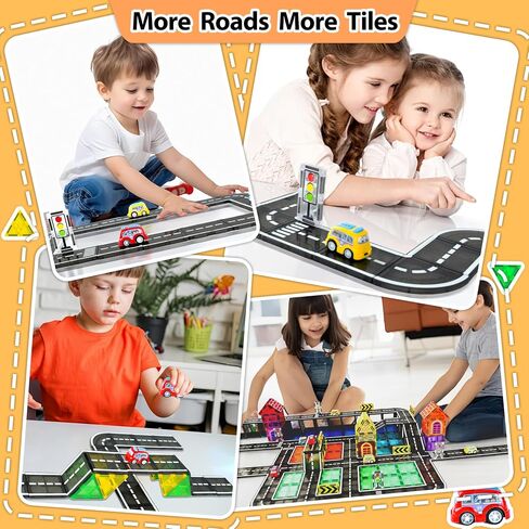 82pcs Magnetic Tiles Road, Magnetic Building Blocks Construction Toys for 3+Year Old Boys Girls, Kids Toys Montessori Toys for Toddler, STEM Learning Gifts in Kuwait