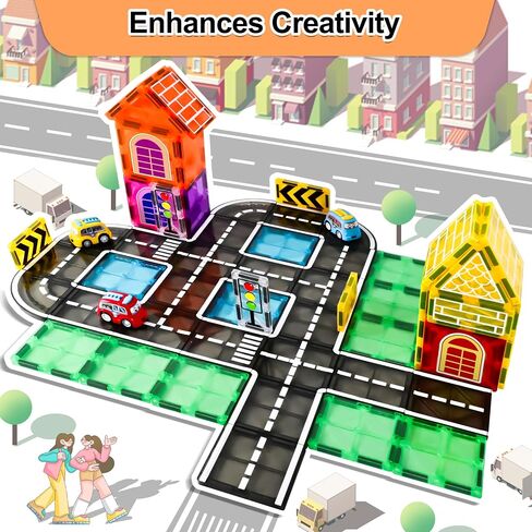 82pcs Magnetic Tiles Road, Magnetic Building Blocks Construction Toys for 3+Year Old Boys Girls, Kids Toys Montessori Toys for Toddler, STEM Learning Gifts in Kuwait